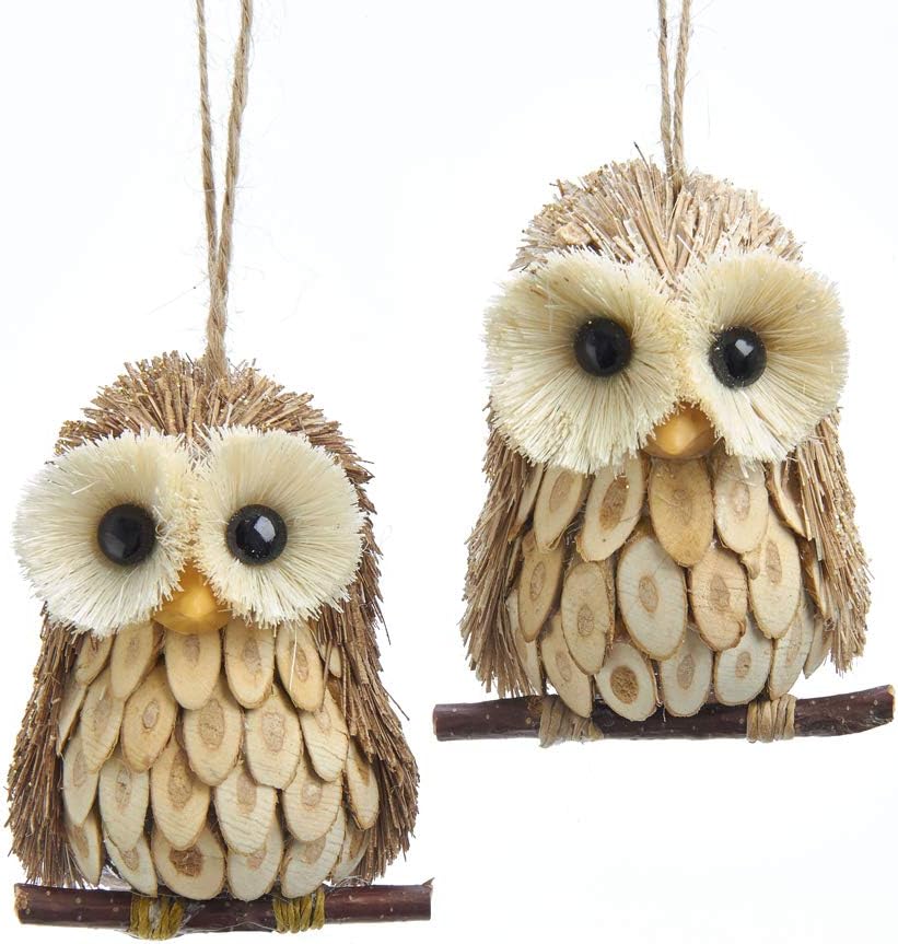 Skiennix Wood & Sisal Owl Ornaments - Set of 2 Assorted Designs for Christmas Decor