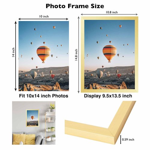 JCJMY 10x14 inch Picture Frame, Horizontal and Vertical Formats for Wall Hanging, 10 x 14 Wall Gallery Poster Photo Frame with Shatter Resistant Plexiglass, Gold