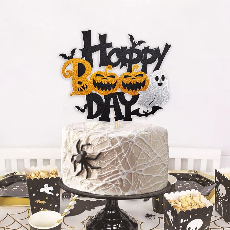Halloween Cake Topper Black Glitter Boo Day with Castle Witch Pumpkin Ghost Bat - Color 3