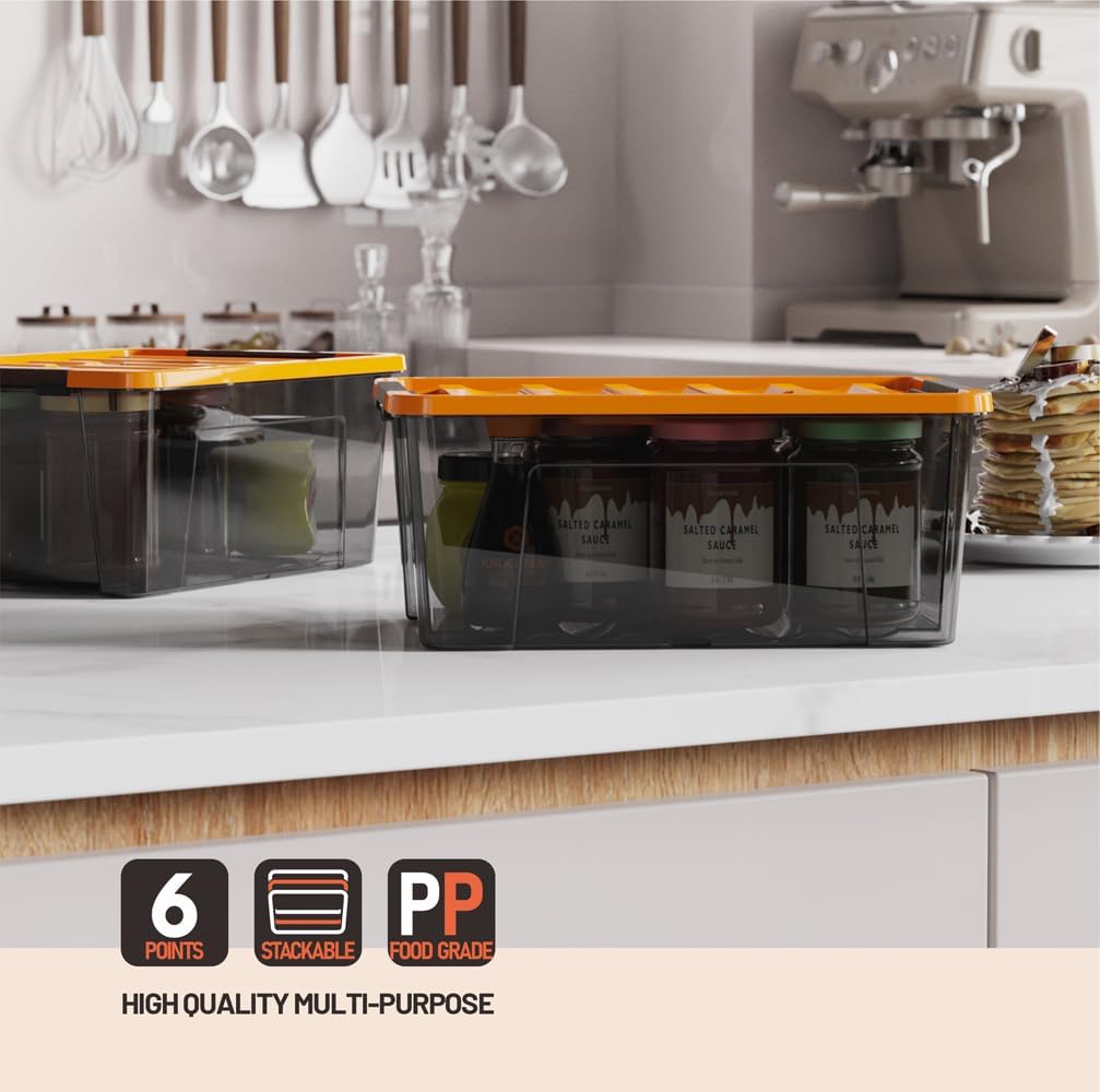WYT 5-Quart Storage Container Bin - Durable Plastic with Orange Lid & Black Latch | 6-Pack