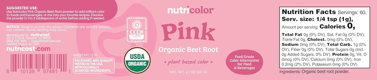 Nutricost Pink Plant-Based Food Coloring - Organic Beet Root Powder, 60 Servings | Natural Color Alternative for Food & Beverages