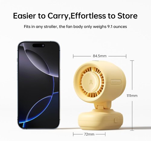 JISULIFE Stroller Fan - Compact & Stylish 38H Cooling with Soft Night Light | Detachable for Stroller, Desk, or Nursery (Yellow)
