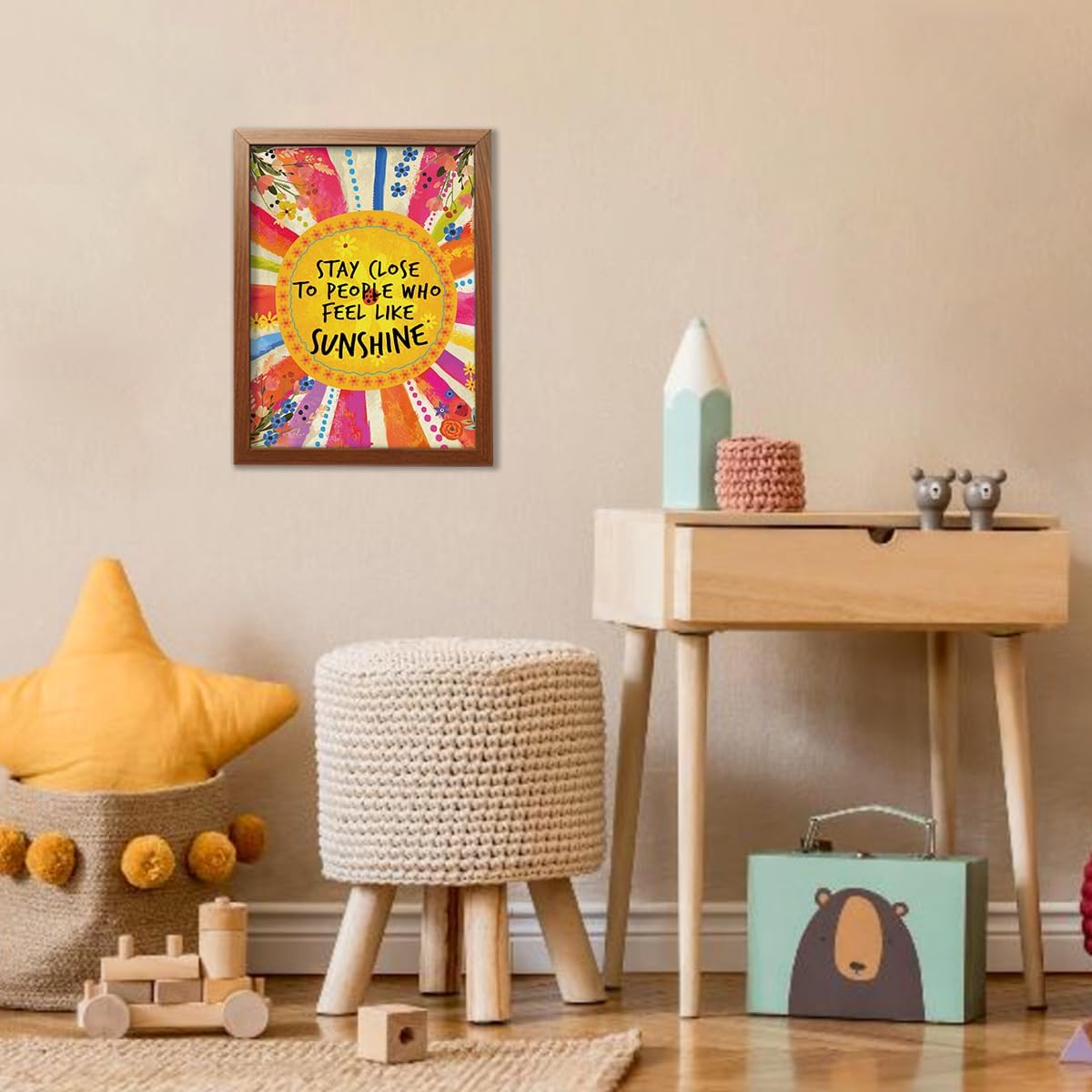 YEOION Inspirational Quote Wall Art - Stay Close to People Who Feel Like Sunshine | Canvas Print with Metal Frame for Girls' Bedroom Decor
