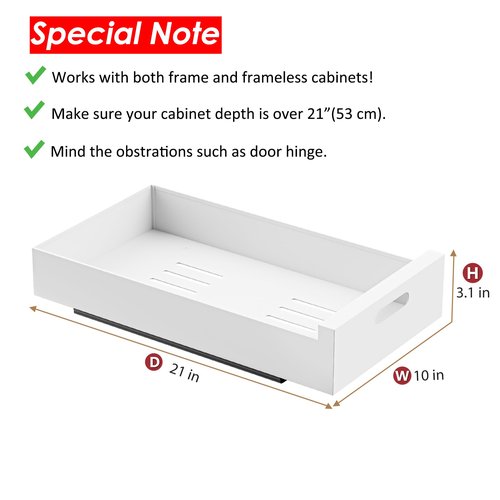 HBL' 2 Pack | 21" Deep Pull Out Cabinet Organizer Adhesive, 10-Inch Wide Sturdy Carbon Steel Roll-Out Drawers for Face Frame or Frameless Cabinets,Slide-Out Shelves for Pantry.