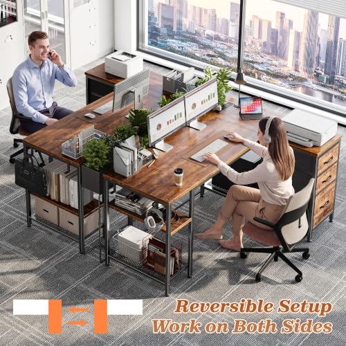 Rustic Brown 47.2-Inch L-Shaped Office Desk with Power Outlets and 3 Drawers
