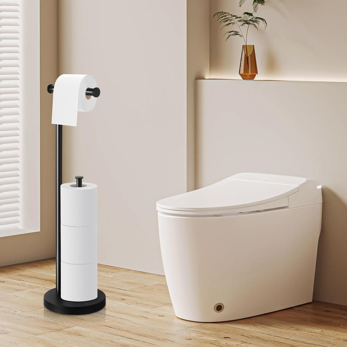 Skiennix Toilet Paper Holder Stand - Rustproof Free Standing Design with Large Reserve & Thick Base