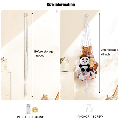 CERETIA Stuffed Animal Hammock Corner Net Plushies Storage Hammock for Stuffed Animals Boho Room Decor Macrame Wall Decor with LED Light