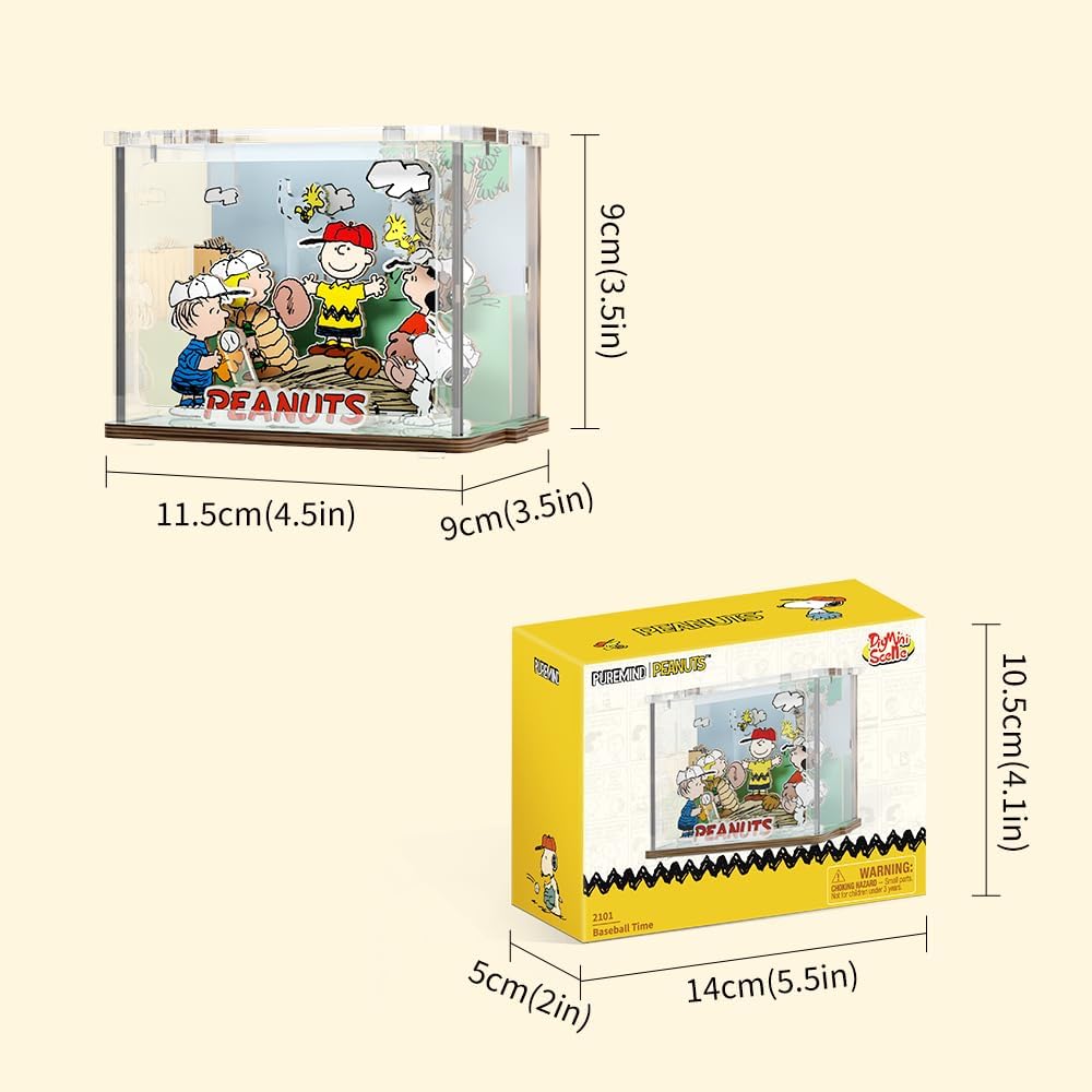 PUREMIND Snoopy Baseball Miniature Wooden Puzzle Kit - Officially Licensed 3D Display with Movable Characters