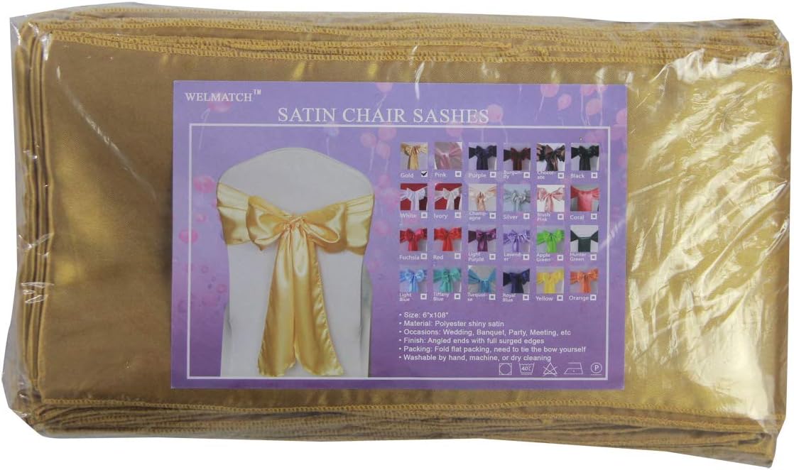 WELMATCH Gold Satin Chair Sashes - 50 Pcs Elegant Wedding & Party Decoration Bows (Gold)