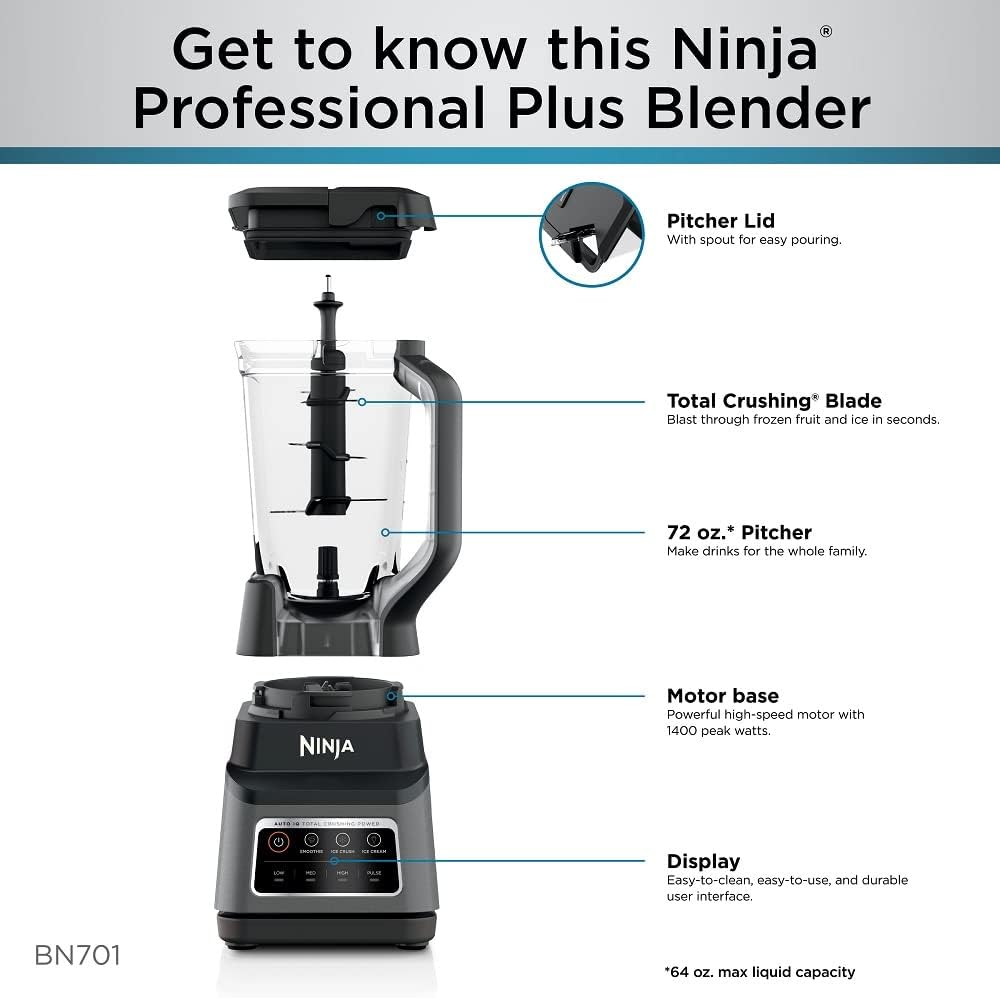 Ninja Professional Plus Blender - Max Power Smoothie & Frozen Drink Maker | 1400W, 72oz Pitcher, Dark Grey