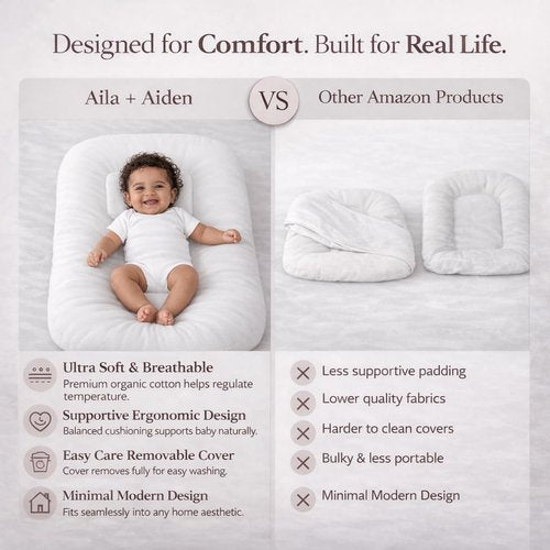Aila + Aiden Baby Lounger - Organic Cotton Infant Lounger | Adjustable & Portable | Soft, Breathable Cover - Snuggle Collection (White)