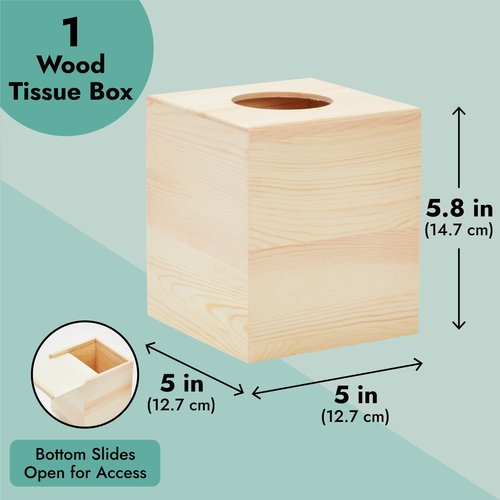 Juvale Unfinished Wood Tissue Box Cover - Square Wooden Tissue Holder with Slide Out Bottom for DIY Projects, Home Decor, Art Craft, and Bathroom Decor (5x5.8 in)