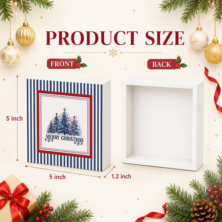 Red, Blue & White Christmas Tree Wooden Sign - 5x5 Inch Holiday Decor - Blue & Red Variation