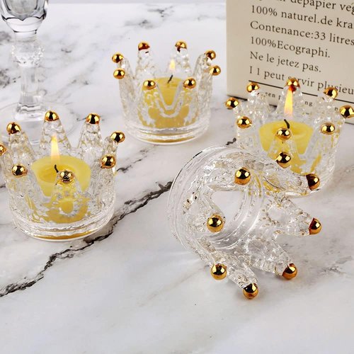 Crown Glass Tealight Candle Holders - Set of 6 Elegant Votive Holders for Weddings & Home Decor | Gold Finish