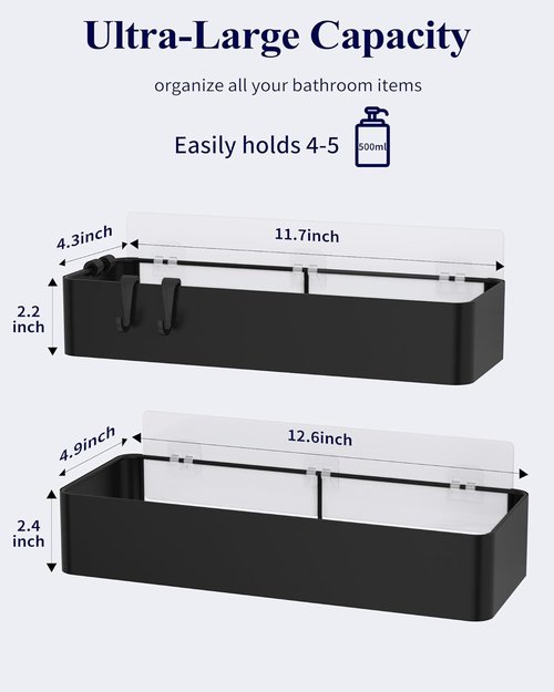 Kitsure Shower Caddy - Rustproof Metal Organizer | No-Drill Adhesive Shelves, Black, 2 Pack, X-Large