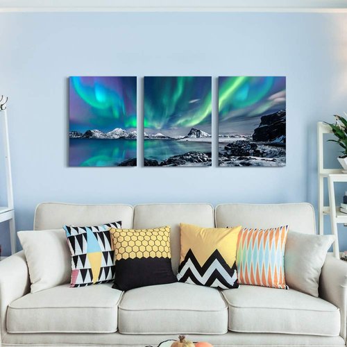 farmhouse Wall Art Aurora Scenery Painting on Canvas Wall decorations for living room Stretched and Framed Canvas Paintings 3 piece bedroom bathroom wall decor Ready to Hang for office Home Decor art