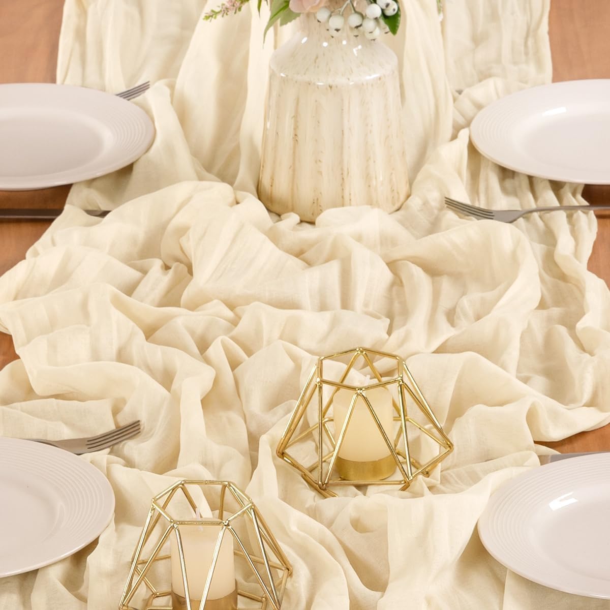 MLMW 6 Pack Beige Cheesecloth Table Runner - Boho Rustic Decor | 160 Inch for Weddings & Events