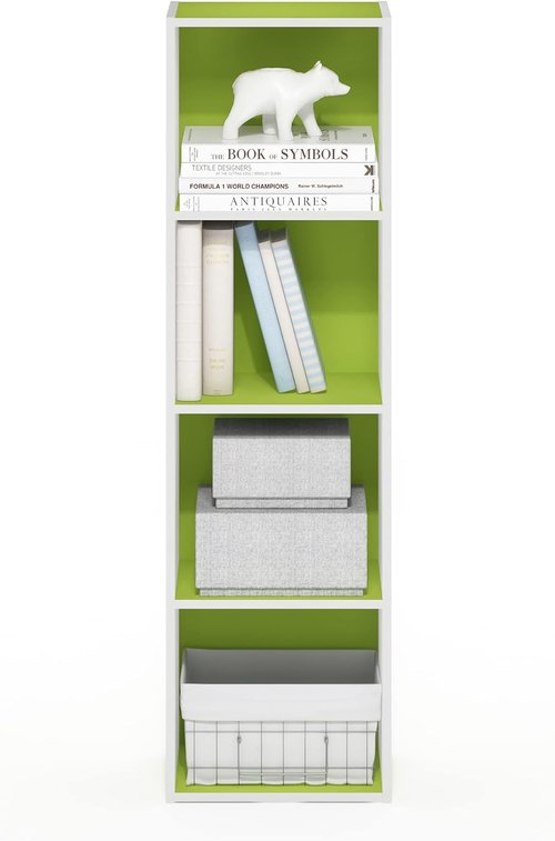 Furinno PASIR 4-Tier Modern Bookshelf - Easy Assembly Open Shelves Bookcase | Green/White, 9 x 12 x 42