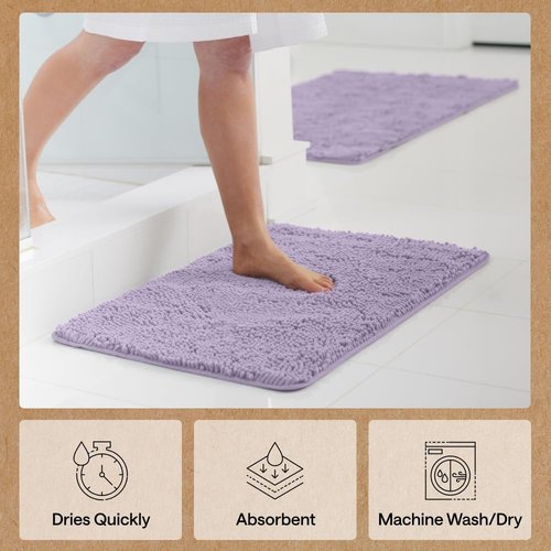 GORILLA GRIP Bath Rug Mat - Thick Soft Absorbent Chenille | Quick-Dry Microfiber, 60x24", Light Purple
