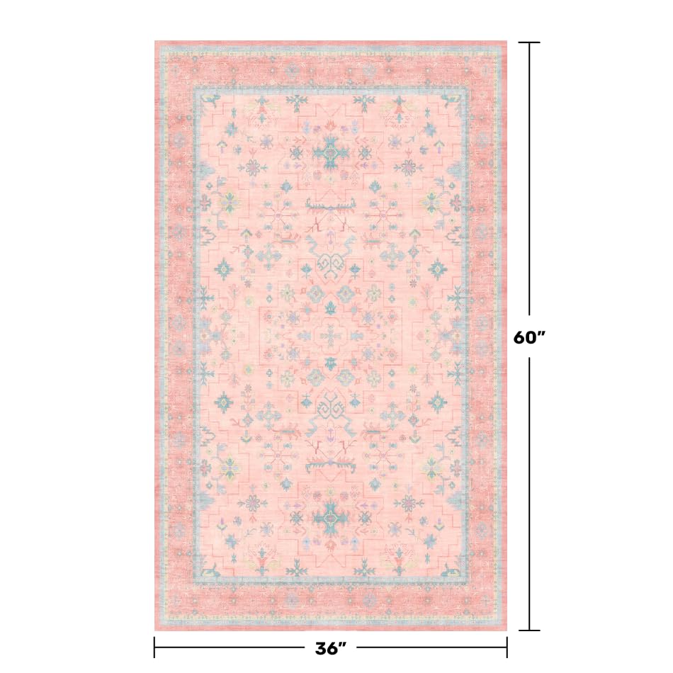 Washable 3x5 Pink Rugs for Girls Bedroom Beside Bed, Nursery Rug, Soft Faux Wool Low Pile Non Slip Stain Resistance Carpet, Pink & Blue