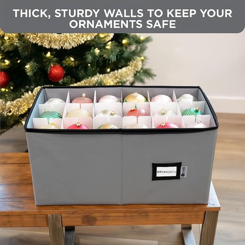 Christmas Ornament Storage Container - Large Adjustable Organizer Bin for 54 Ornaments, Zippered, Grey