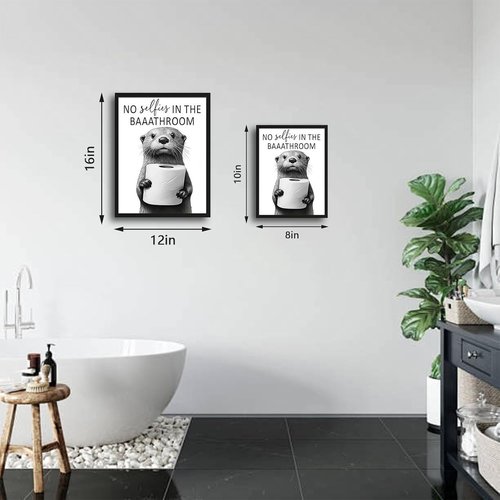Framed Funny Bathroom Wall Art - Cute Otter Holding Toilet Paper | Black and White Canvas Print - 8x10in