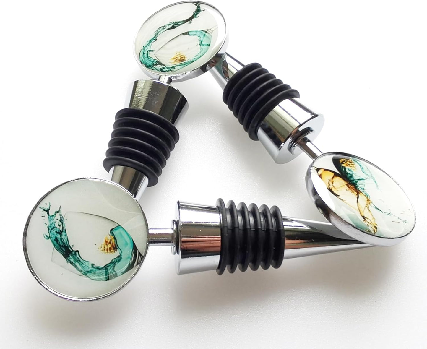 Wine Bottle Stoppers, Set of 3 Stainless Steel Wine Stoppers with Decorative Art Glass, Wine and Beverage Bottle Corks for Gifts, Bar, Wedding, Holiday Party (Green)