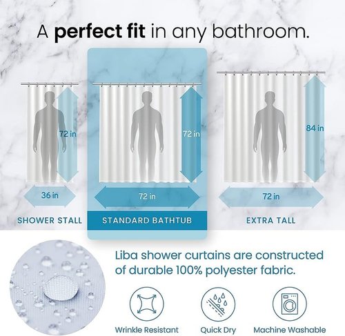 LiBa Fabric Bathroom Shower Curtain, 72" W x 72" H White Heavy Duty Waterproof Shower Curtain Liner