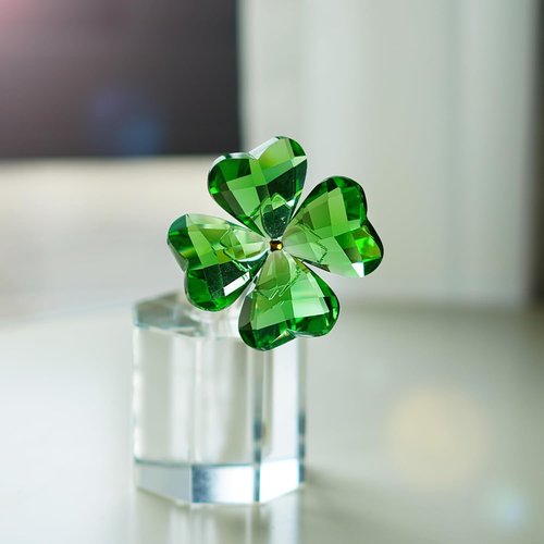 HDCRYSTALGIFTS Crystal Flower Dreams - 4'' Four Leaf Clover Figurine | Green Glass Lucky Ornament for Home Decor