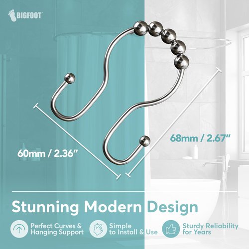 BigFoot Shower Curtain Hooks - 12 Rust-Resistant Stainless Steel Double Hooks, Easy Glide & Secure Hold, Fits Any Shower Curtain Rod, Rings Hold Liners & Curtains, Nickel Color