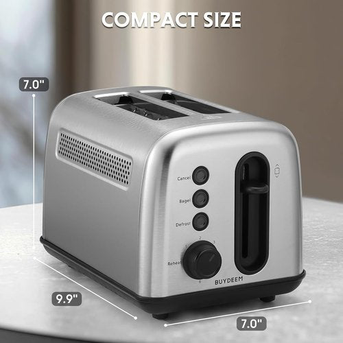 BUYDEEM DT420 Stainless Steel Toaster - Extra Wide Slots for Bagels & Muffins | 6 Shade Settings, Retro Silver