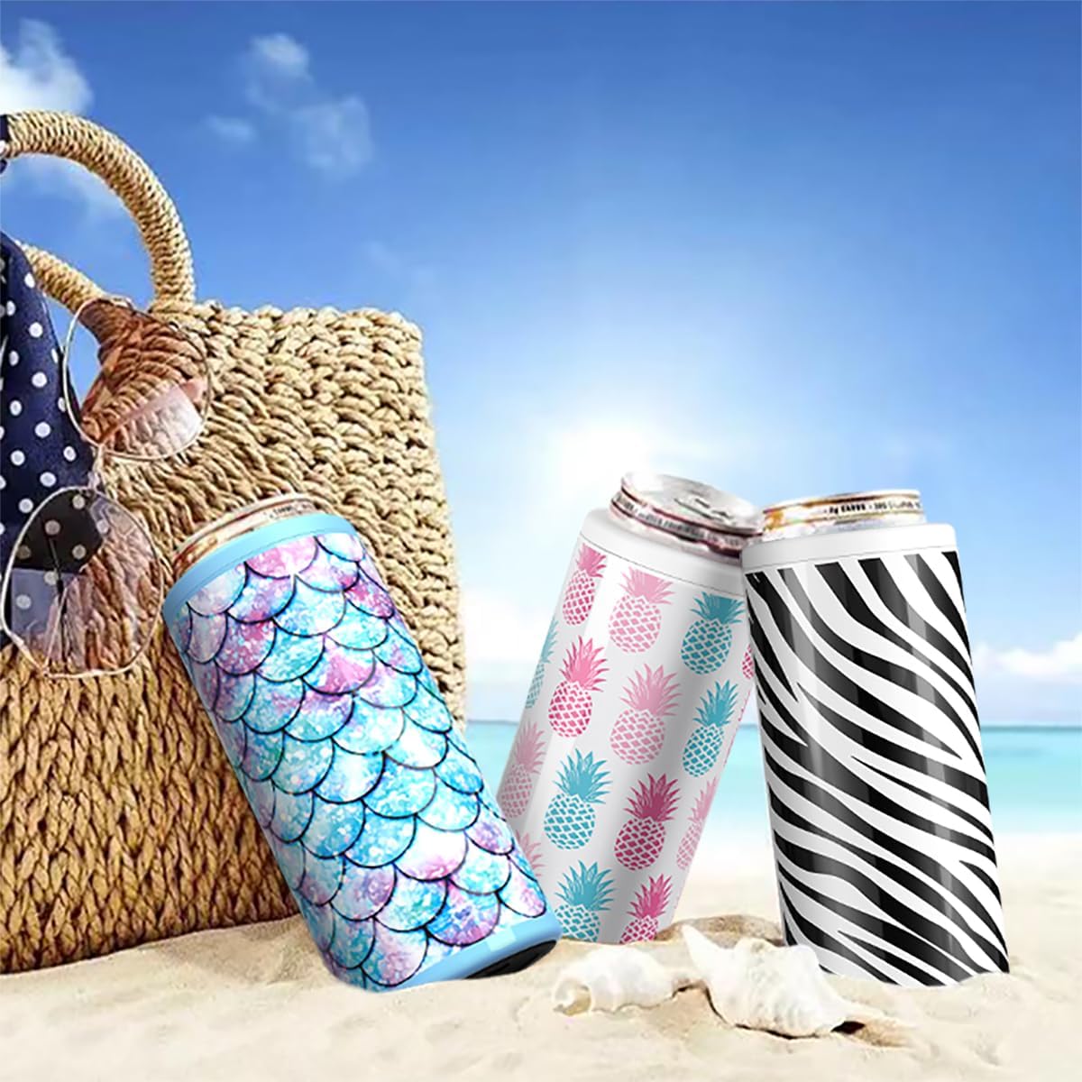 TILUCK Slim Can Cooler - Insulated Stainless Steel for 12 oz Beer & Hard Seltzer | Fish Scales Design
