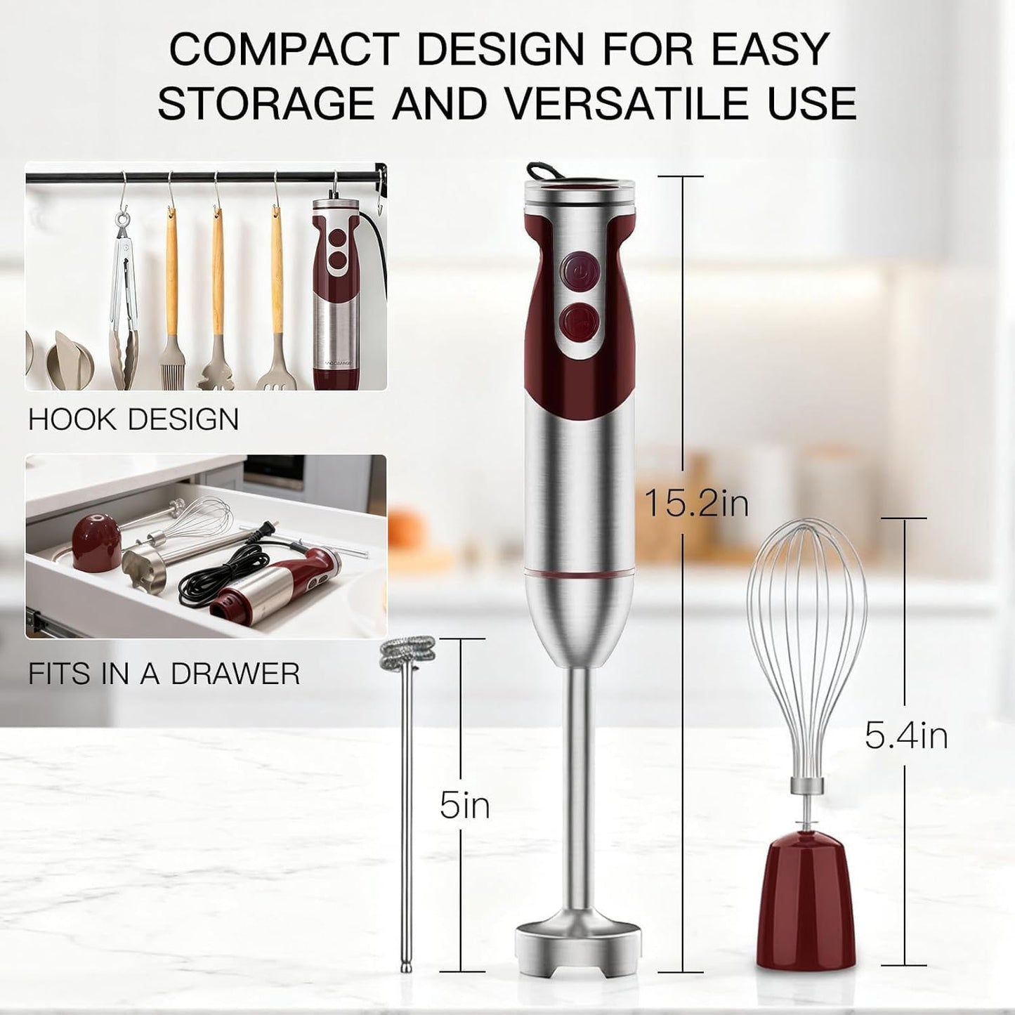 MegaWise Pro 3-in-1 Immersion Hand Blender - Powerful 12-Speed Motor, Titanium Reinforced Blades, Red