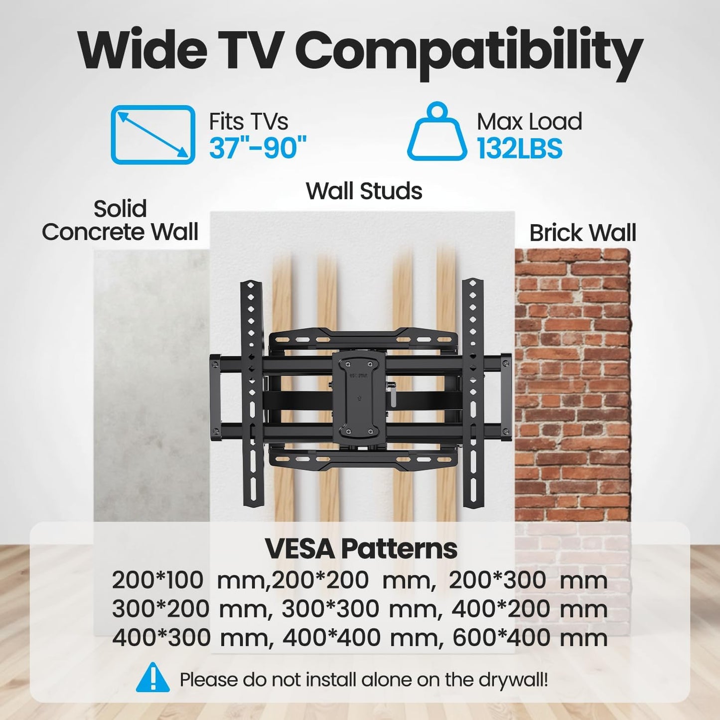 USX STAR Full Motion TV Wall Mount Bracket - Fits 37-90 Inch TVs, Swivel & Tilt, Max VESA 600x400mm, Holds 132lbs
