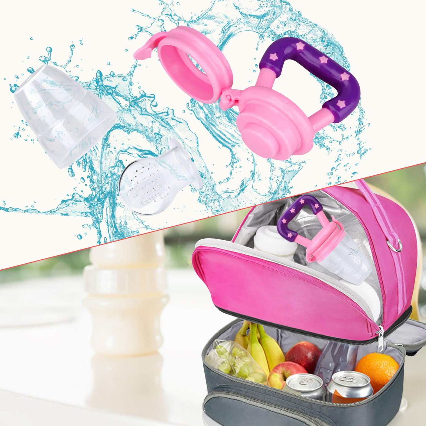 Mluchee Baby Food Feeder - 3 Pack Silicone Fruit Pacifiers for Teething - Reusable Pouches in Pink