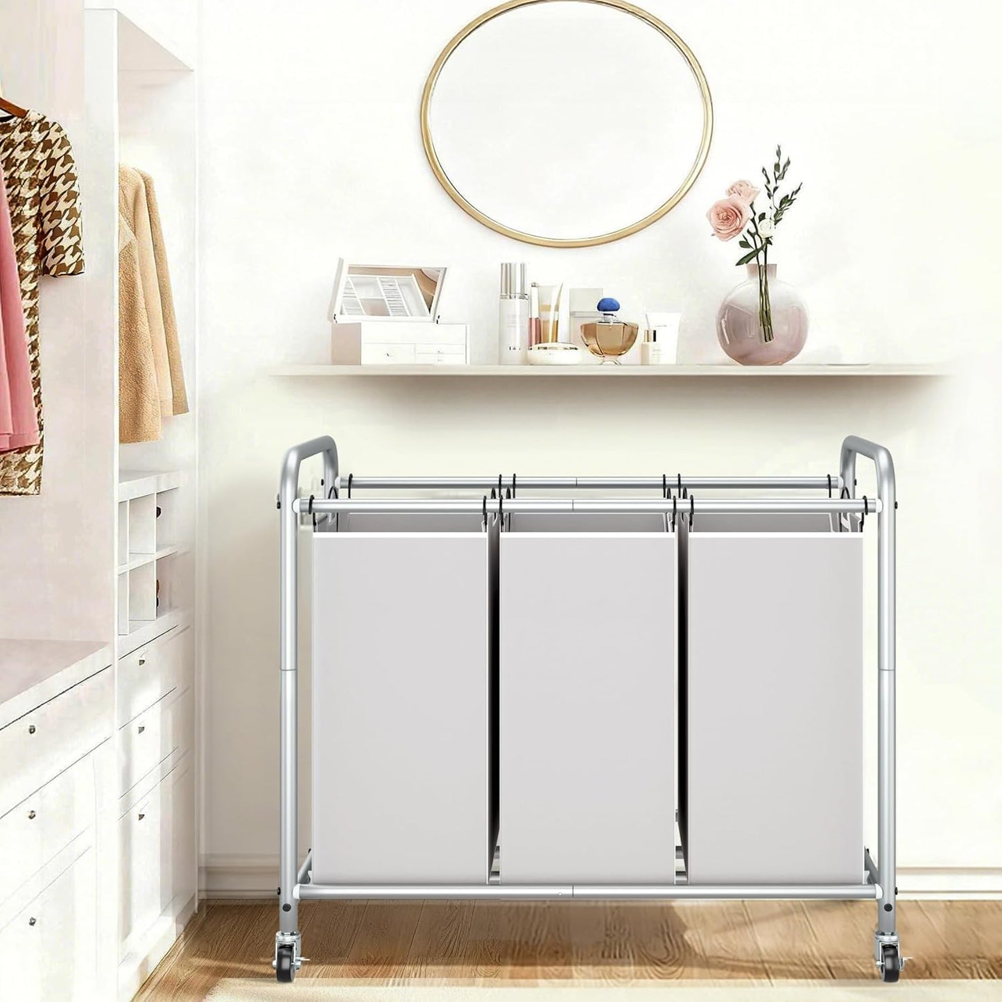 Storage Maniac 3-Section Laundry Sorter - 35.6 Gal Hamper Cart with Lockable Wheels & Removable Bags | Gray