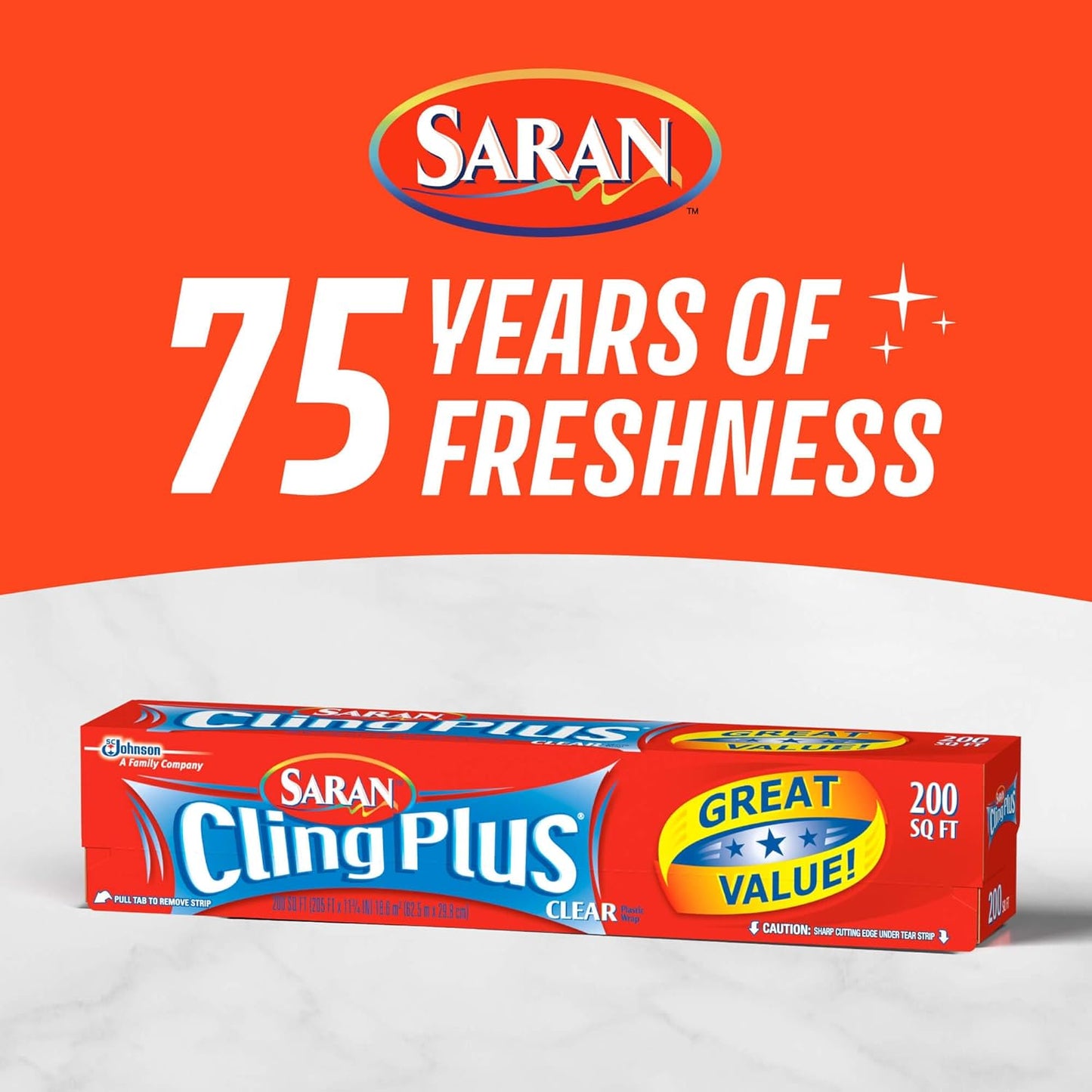Saran Cling Plus Plastic Wrap - Clear Food Storage with Easy Dispense | 200 Sq Ft Roll