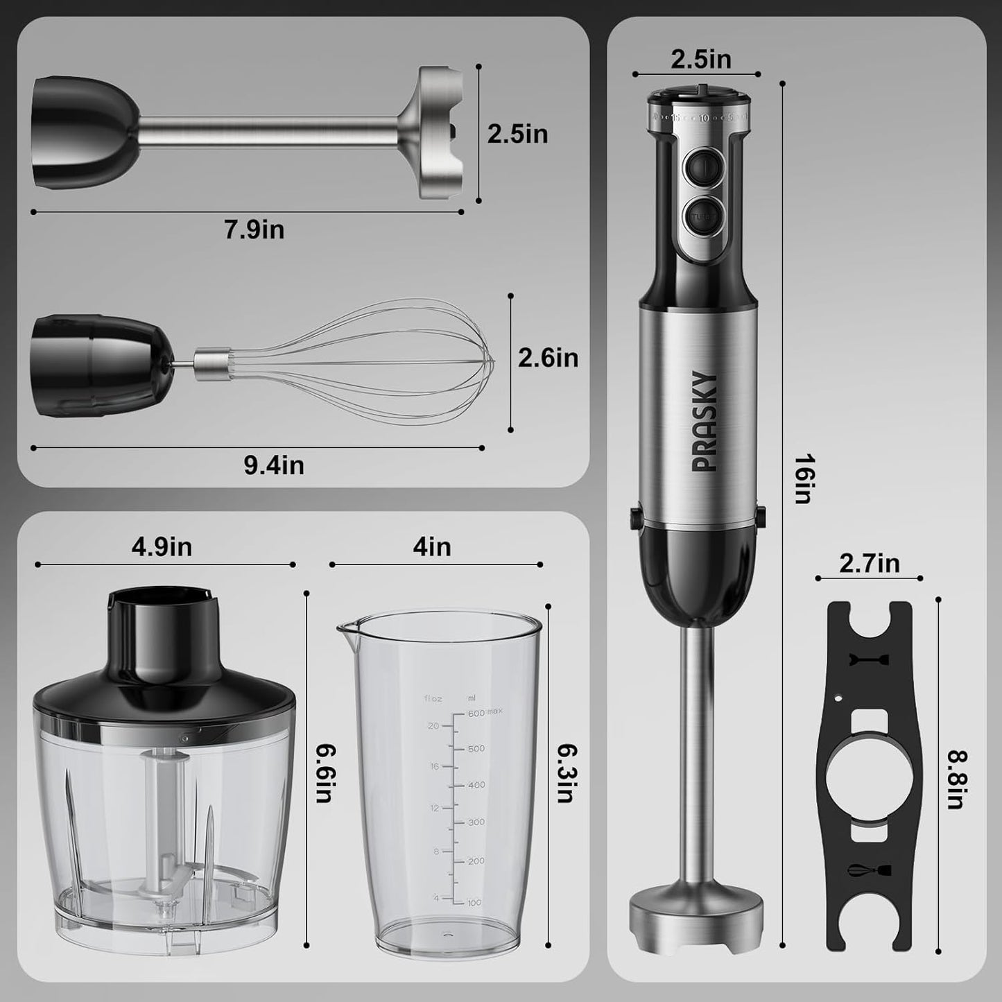 Skiennix Immersion Blender - 20-Speed Handheld Blender with Turbo Mode & Stainless Steel Blades | 600ml Beaker, 500ml Chopper (Silver)