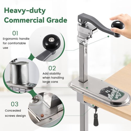 Huanyu Commercial Can Opener Manual Table Mounted 28.5''/72cm Heavy Duty Adjustable for Cans Up to 22” Tall with 3 Stainless Steel Blades and SS Base for Restaurant, Bars, Hotel, Home