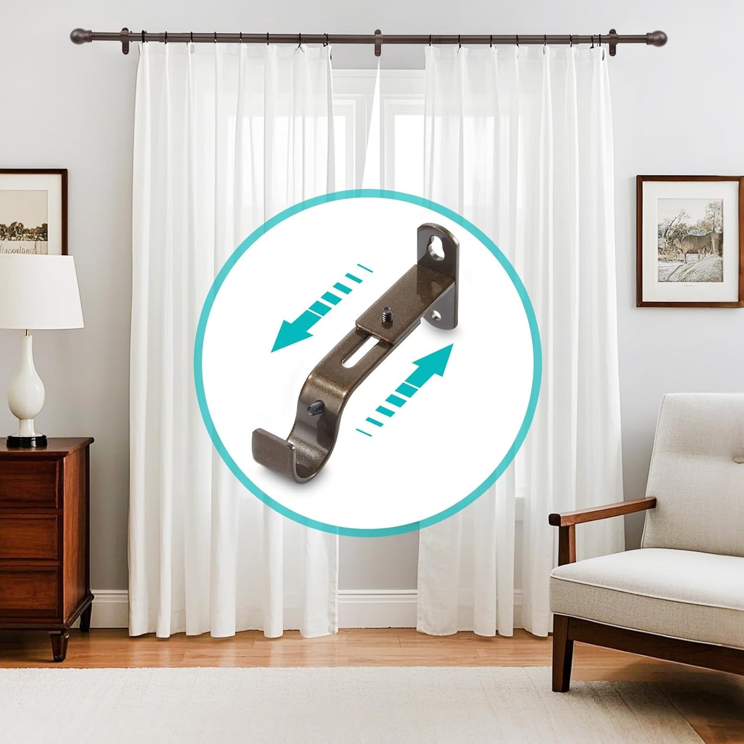 Skiennix Adjustable Curtain Rod Brackets - Metal Drapery Hanger Holders for 1 Inch Rods | Brown, Set of 2