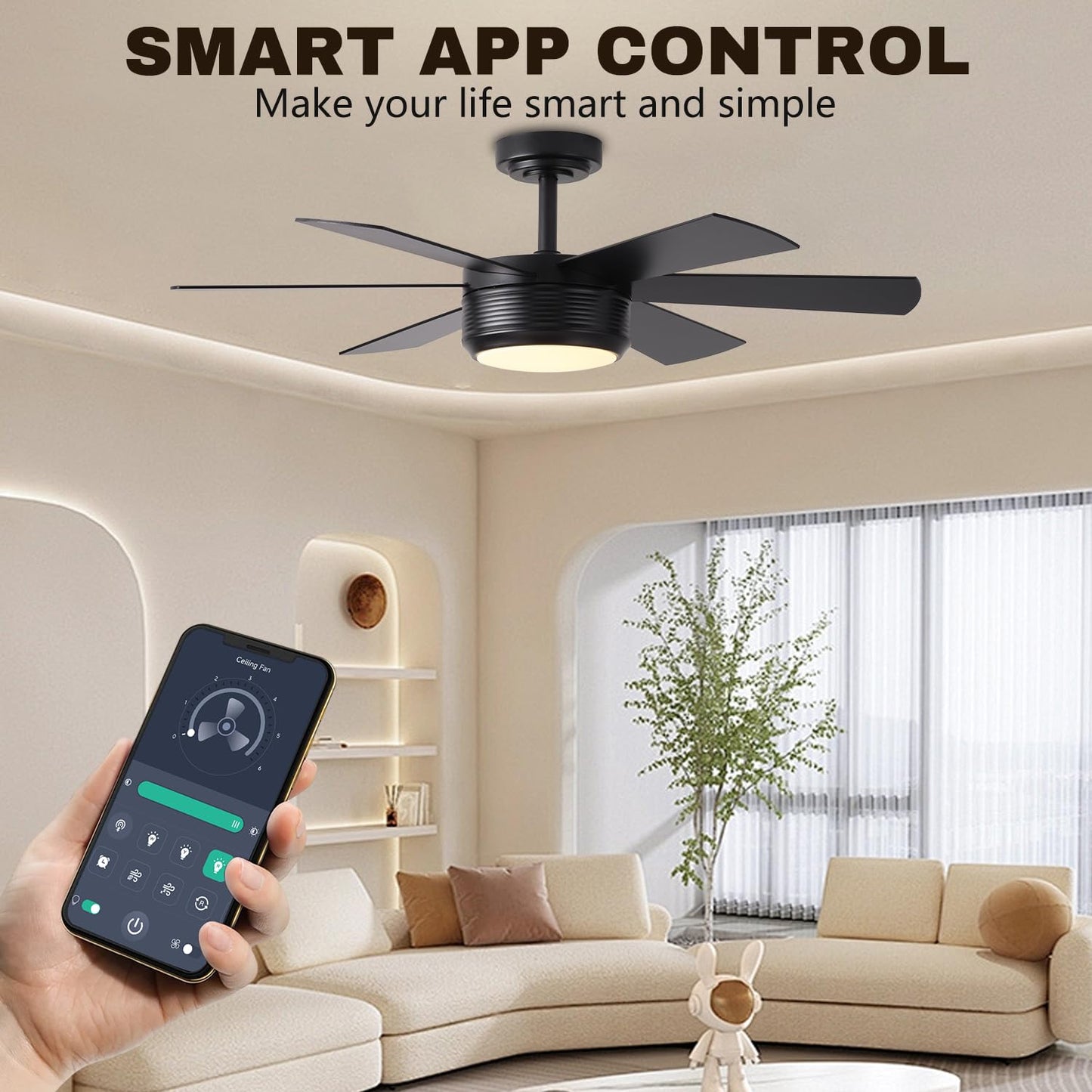 SHOWDI 42 Inch Ceiling Fan with Lights and Remote, 6 Blade App Control Timer Reversible Stepless Brightness and Color Temperature Outdoor Wood Ceiling Fan with Lights (Black, 42 Inch)