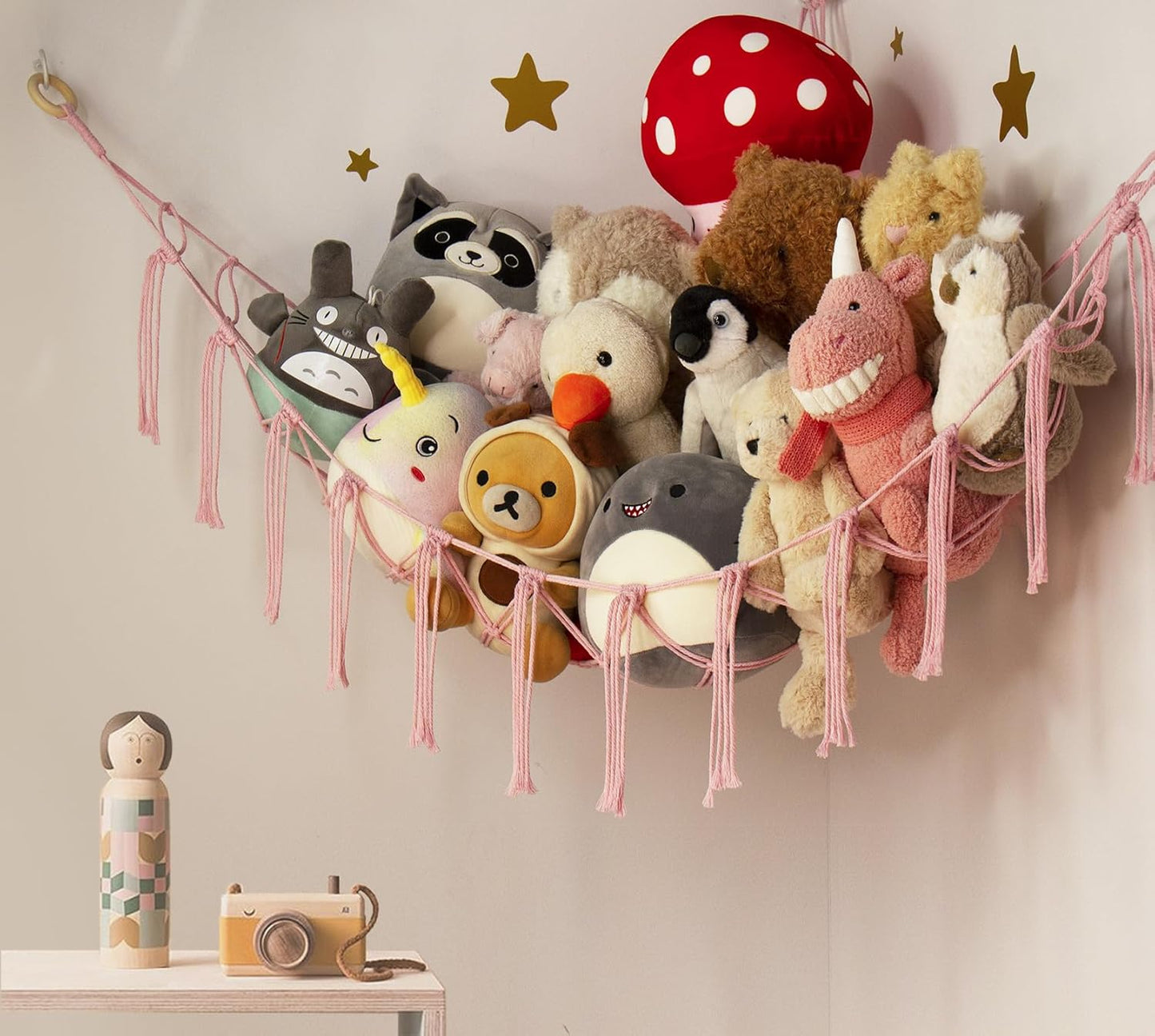 Skiennix Stuffed Animal Storage Hammock - Pink Corner Net for Cute Toy Organization | Boho Decor