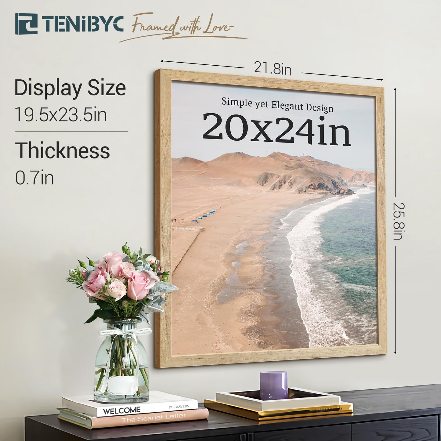 TENIBYC 20x24 Picture Frame 4 Pack, Textured Natural Solid Wood Poster Frame, Wall Gallery Photo Frame