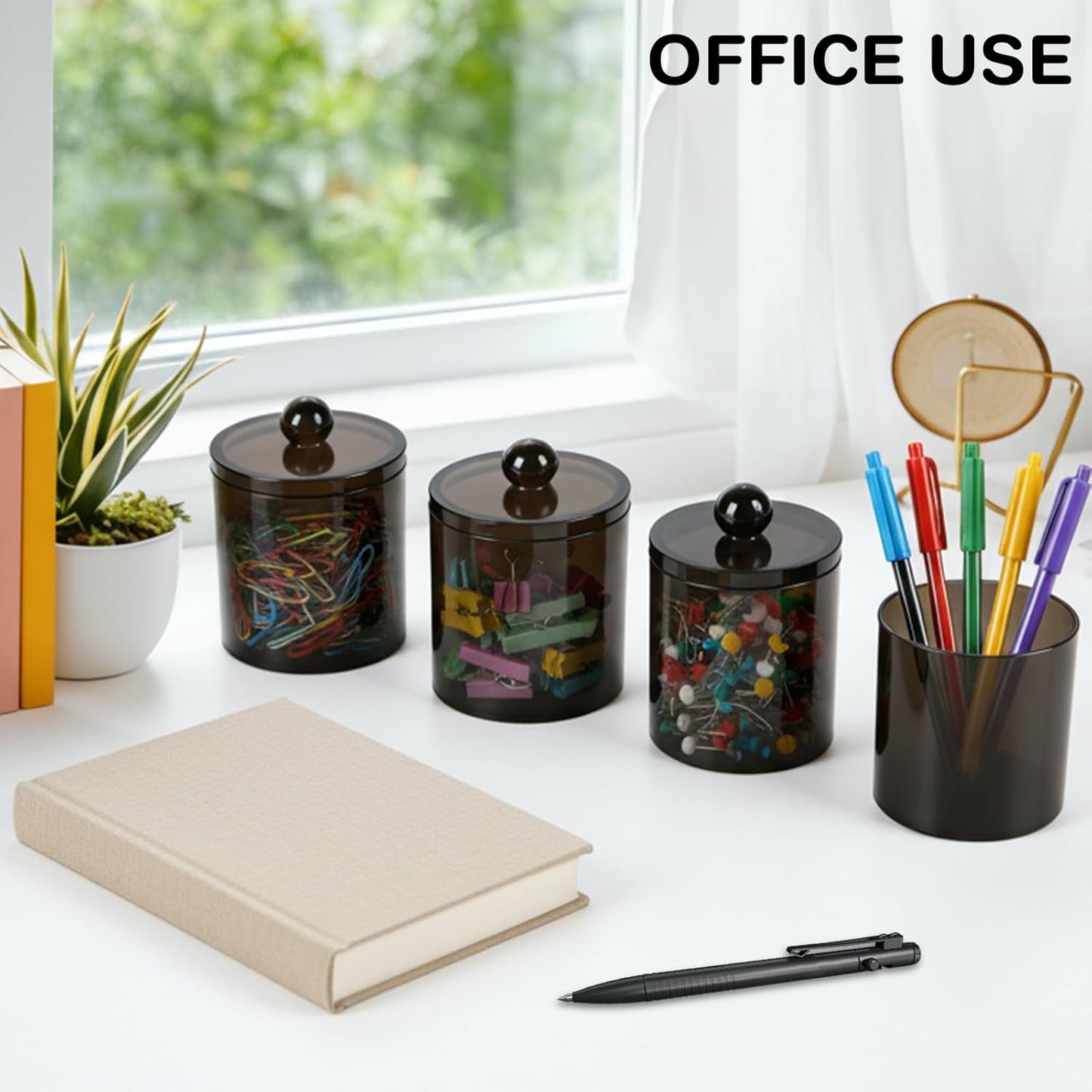 WEISHI Qtip Holder Dispenser - 4 Pack Small Plastic Apothecary Jars for Bathroom Storage | Black