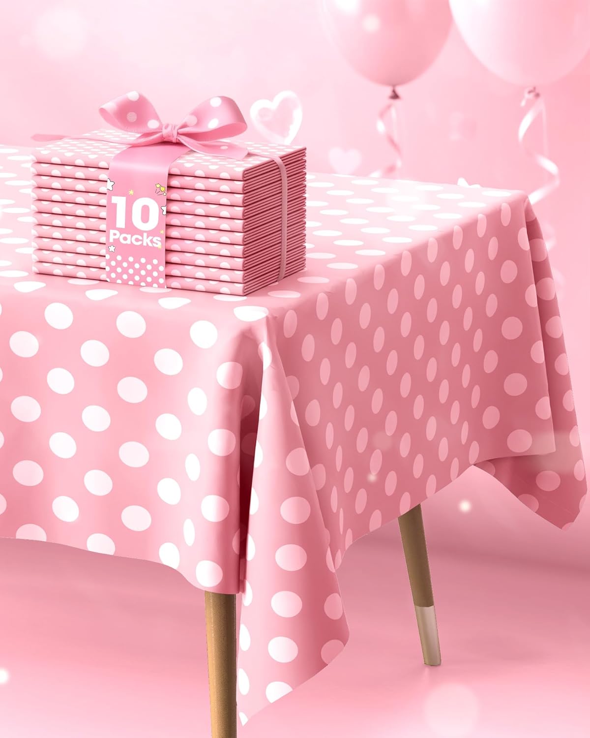 Pureegg Disposable Plastic Tablecloths - 10 Pack, 54 x 108 Inch, Sturdy Pink Polka Dot for Parties & Events