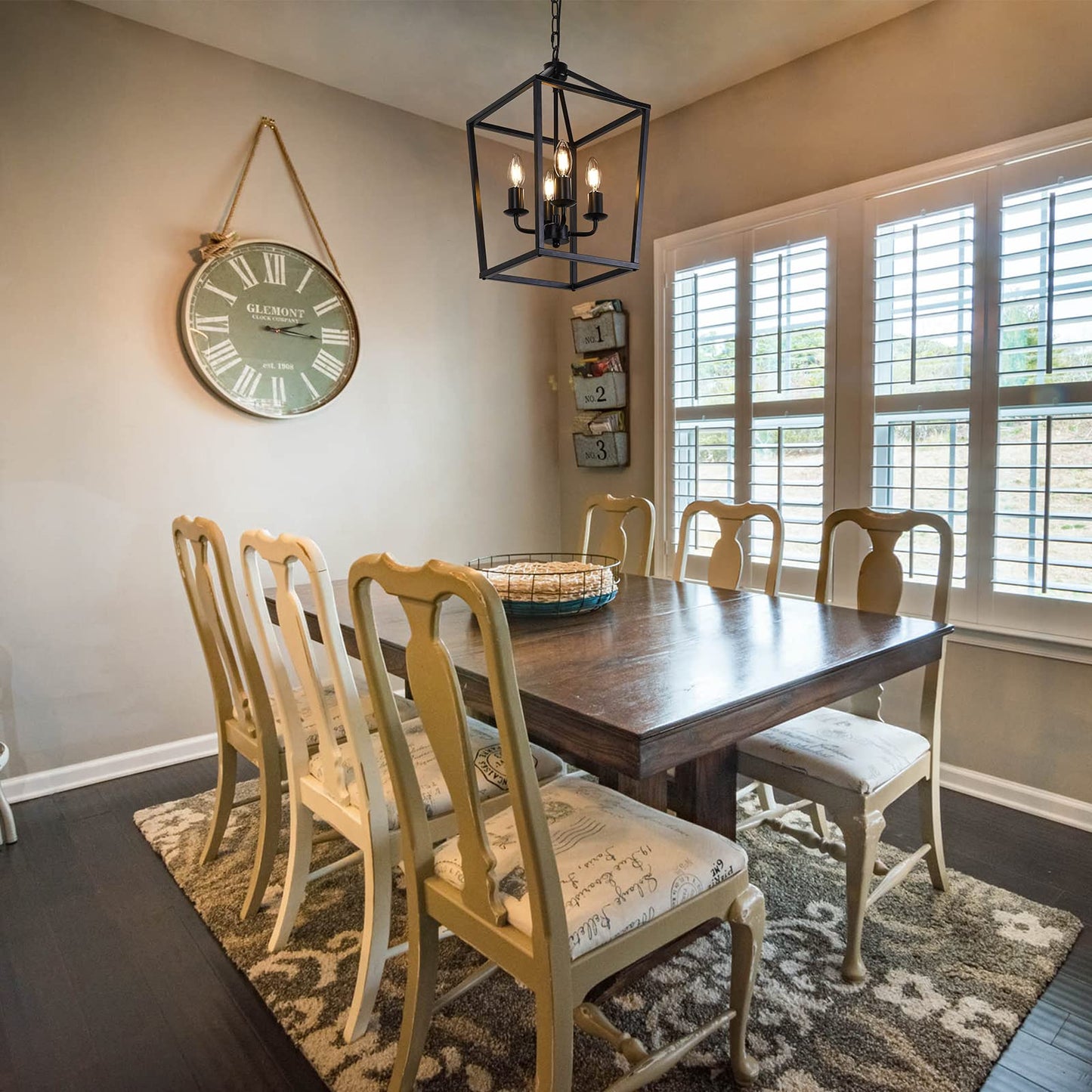 PAKOKULA 4-Light Black Farmhouse Chandelier Iron Lantern Pendant Light Rustic Cage Hanging Light Fixtures Industrial Foyer Lights for Kitchen Island Dining Room Hallway Foyer Entryway