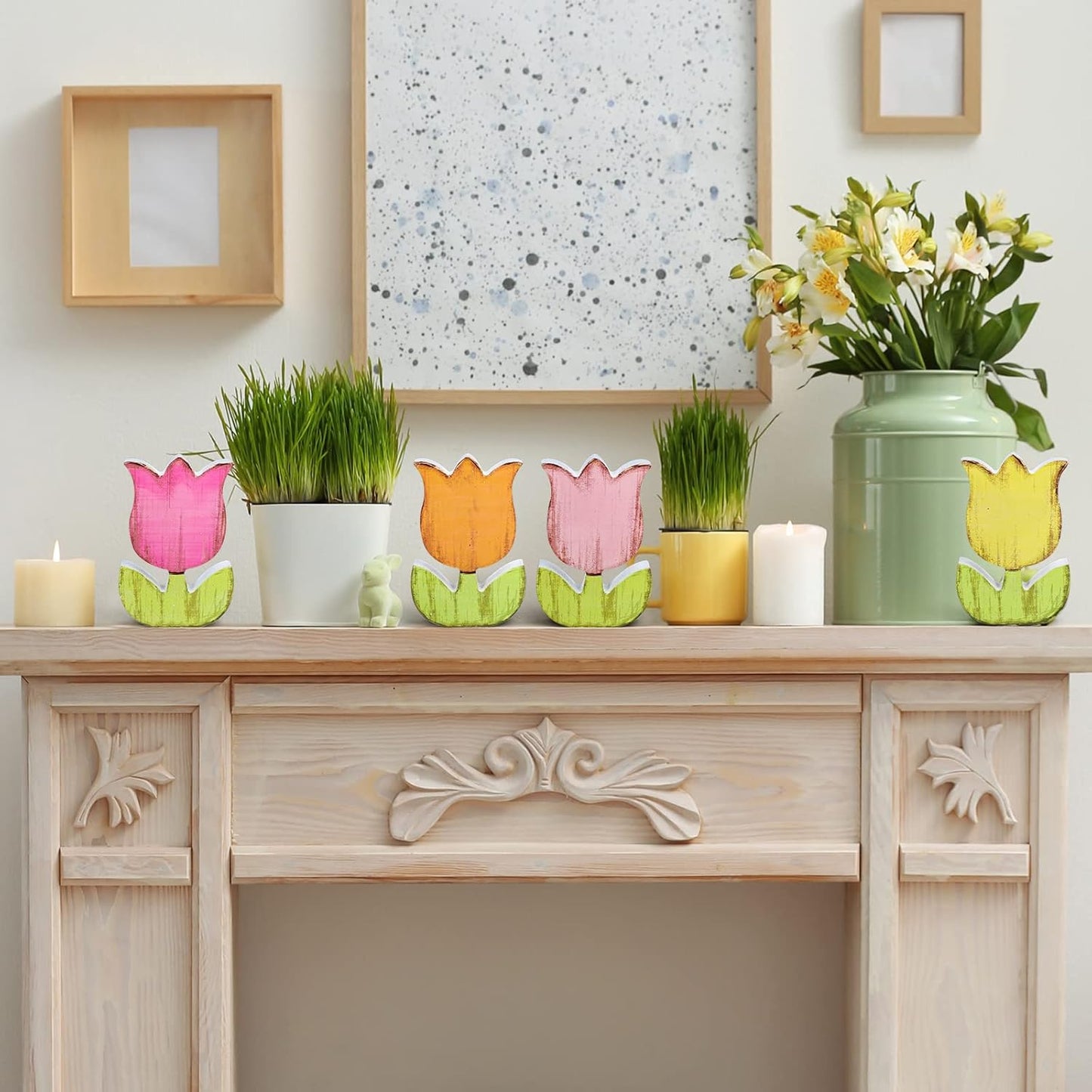 Whaline Spring Tulips Wood Signs - Rustic Floral Table Decor for Farmhouse Centerpieces | 4-Piece Set