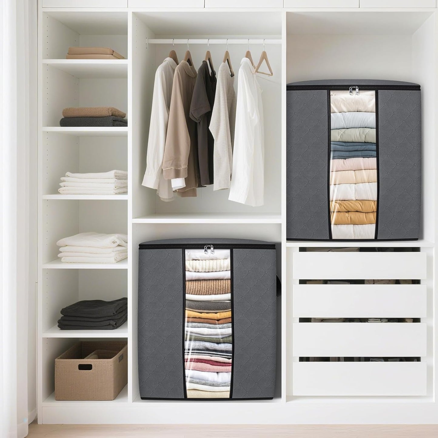 SpaceTrove Clothes Storage Bags - 80L Large Capacity Organizers with Visual Window | 6-Pack Grey Bedding Solutions