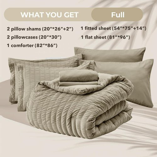 HYMOKEGE Linen Full Size Comforter Set - All Season Luxury Bedding in Seersucker Design | 7 Pieces