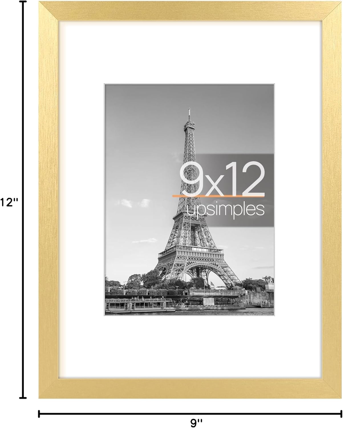 Upsimples 9x12 Picture Frame - Elegant Gold Design for 6x8 Photos with Mat or 9x12 Without | Wall Hanging Display
